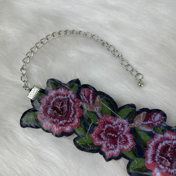 Embroidered Floral Patch Choker Necklace Pink Green Black Adjustable NWOT - Picture 7 of 16